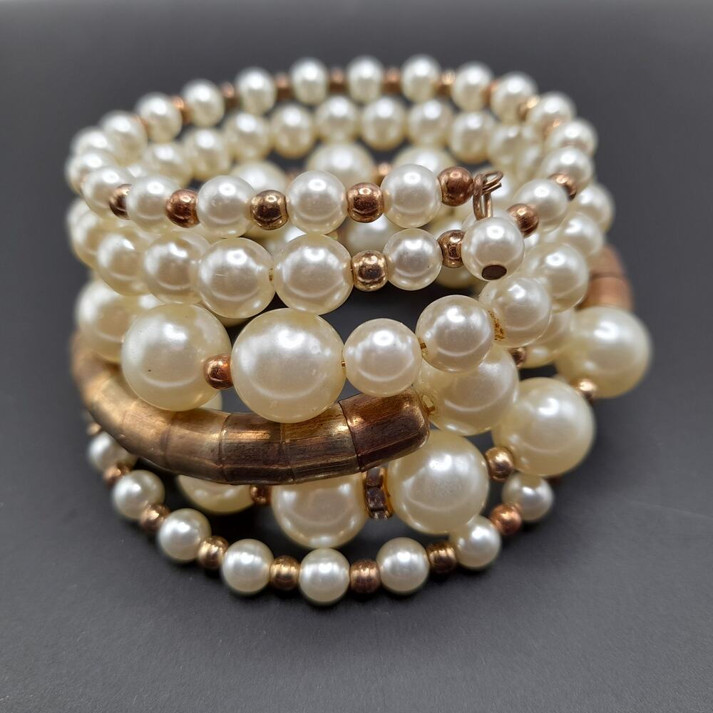 Vintage Memory Wire Faux Pearl Wide Brass Bead Bracelet, 44 Inches